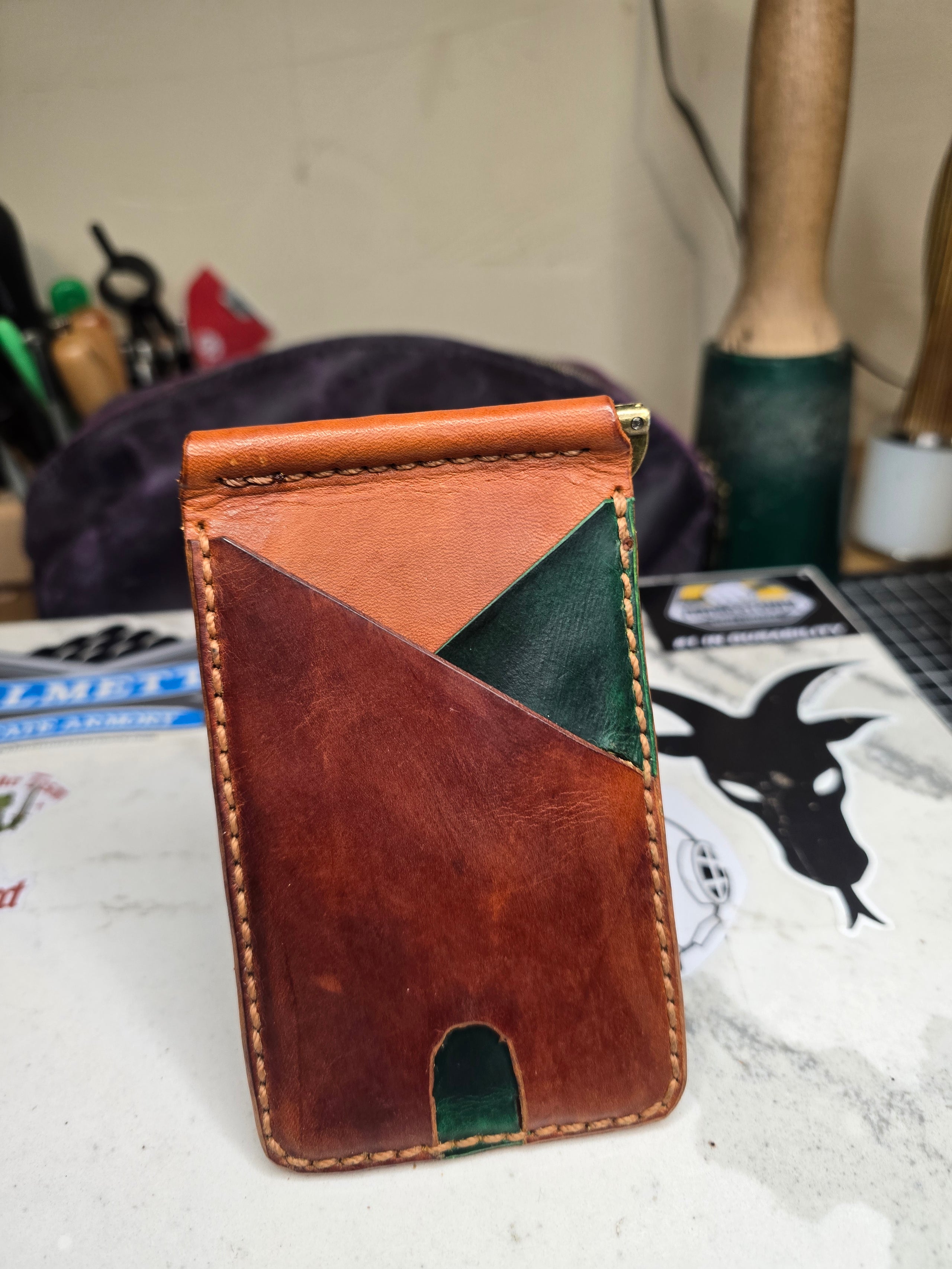 Hand stitched wallet with money clip