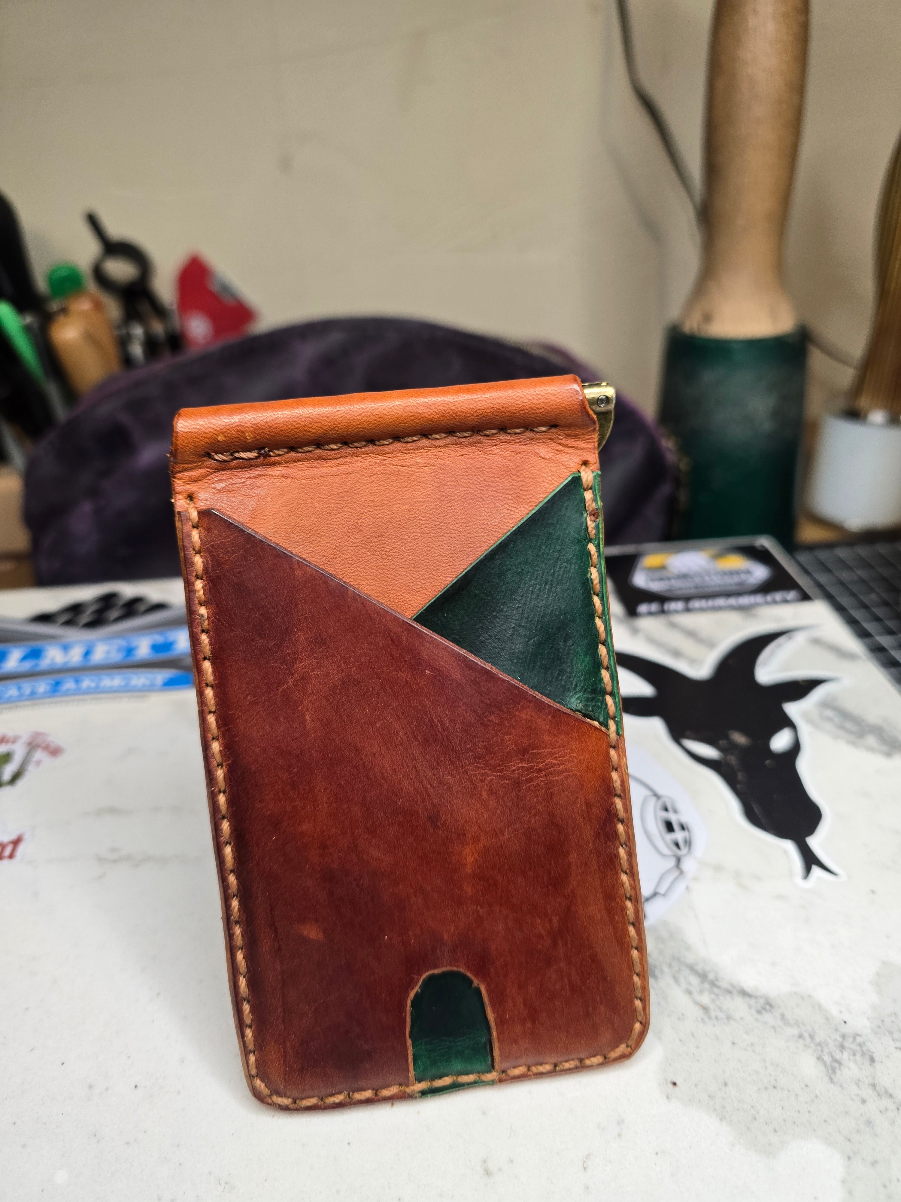 Hand stitched wallet with money clip