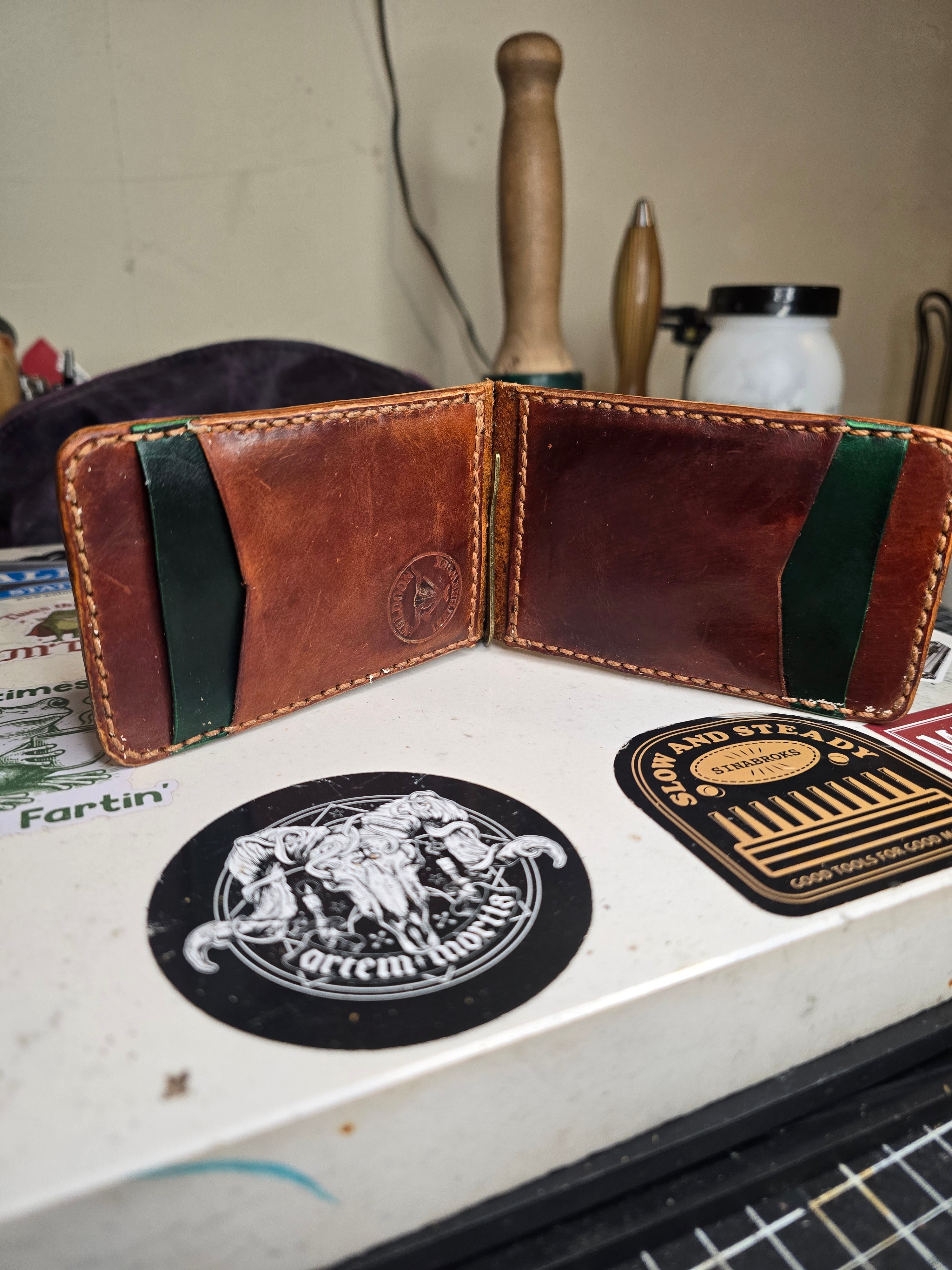 Hand stitched wallet with money clip