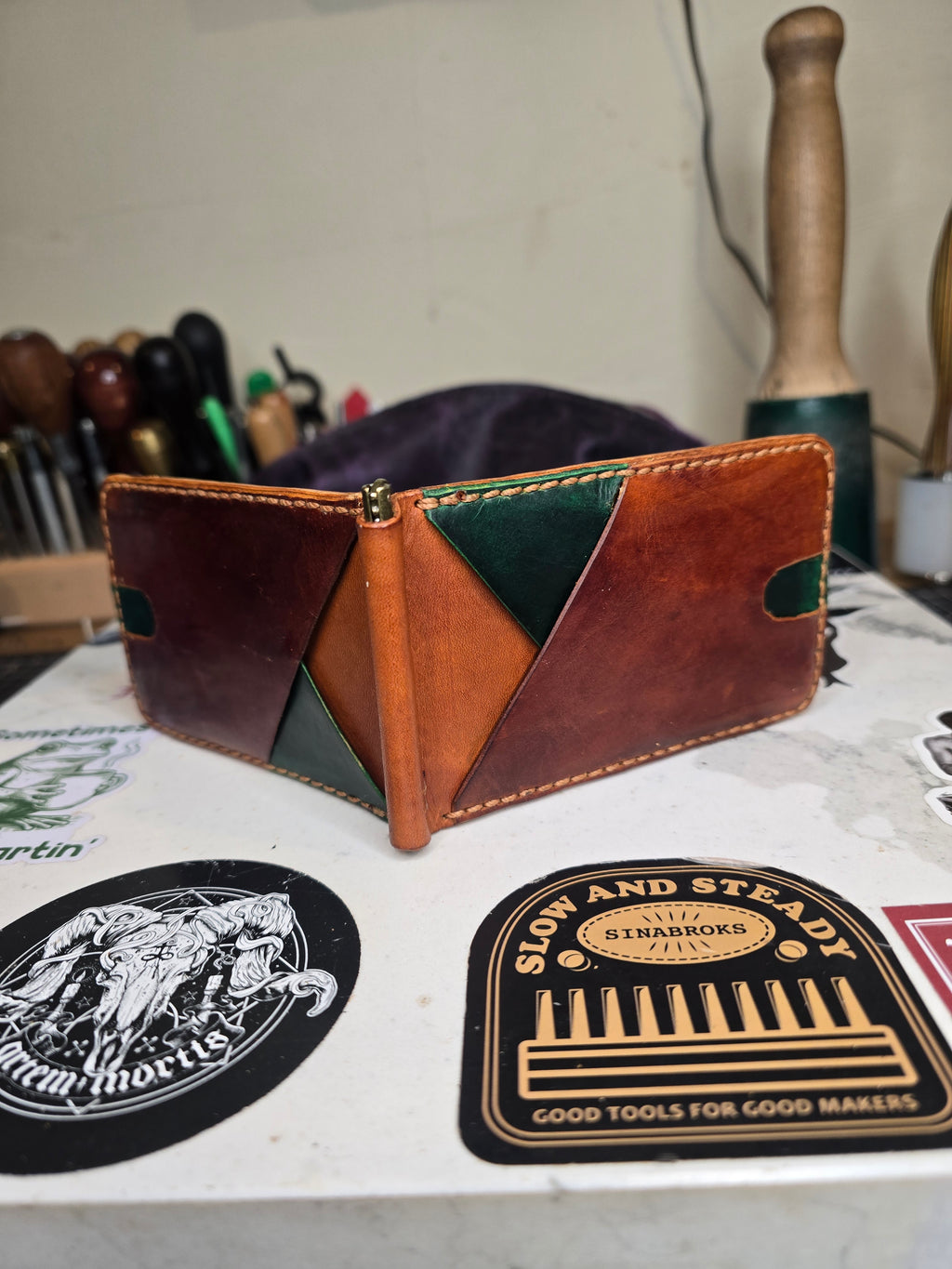 Hand stitched wallet with money clip