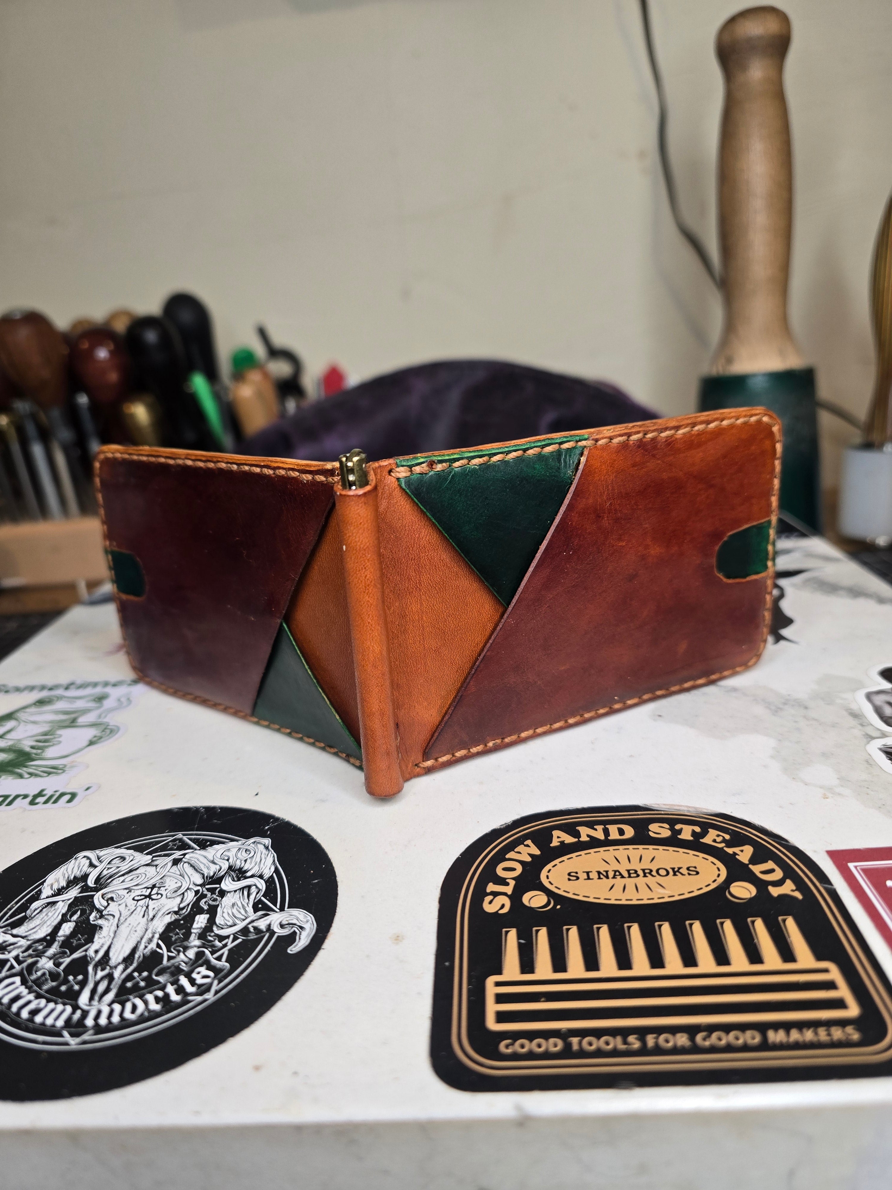 Hand stitched wallet with money clip