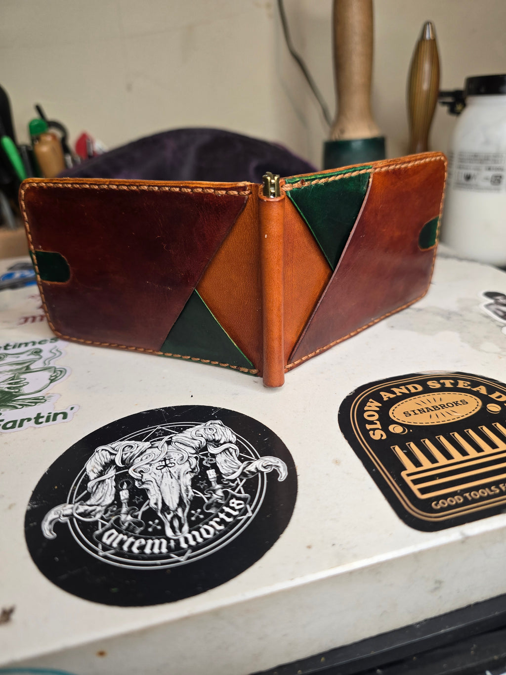 Hand stitched wallet with money clip