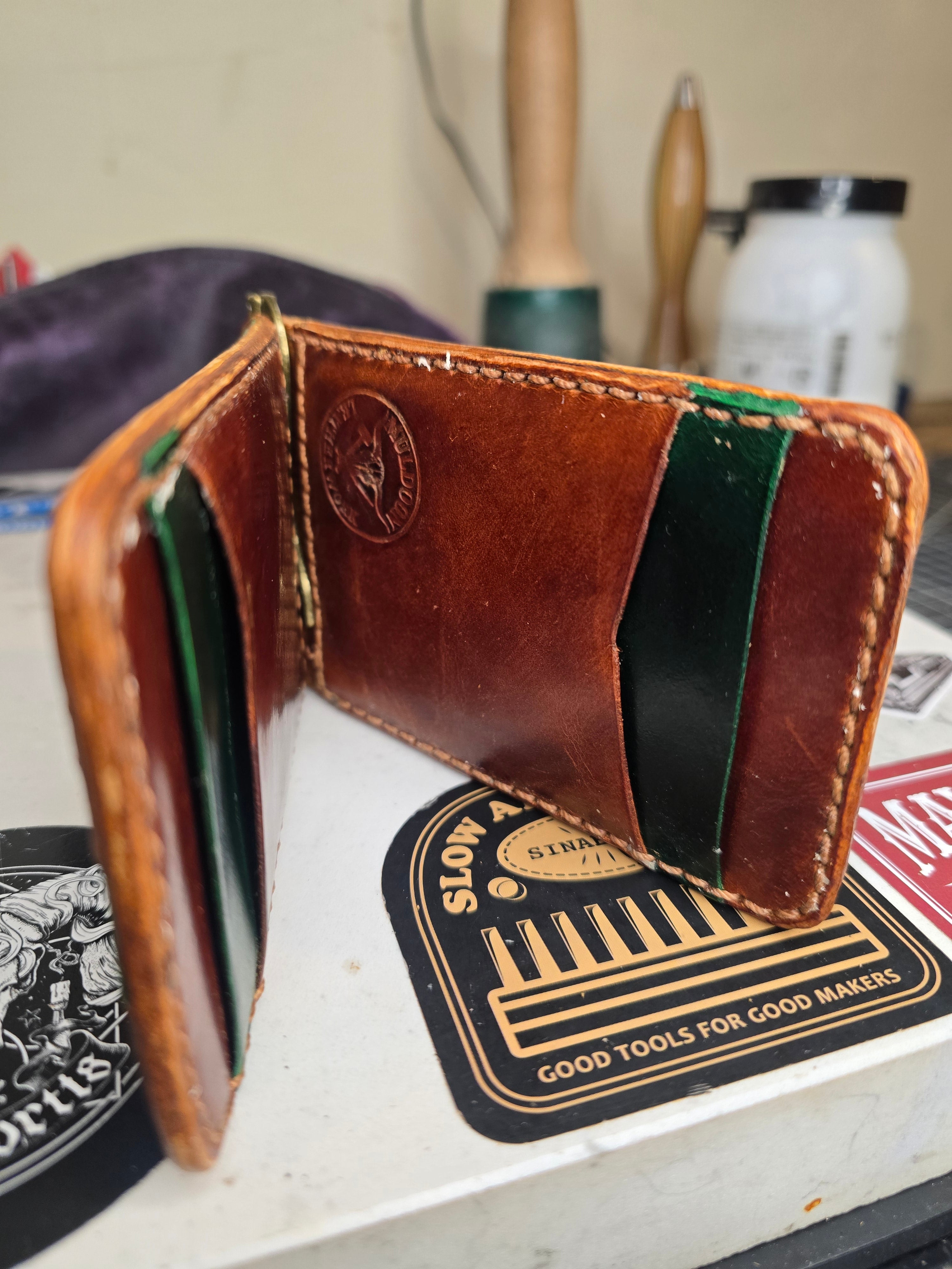 Hand stitched wallet with money clip