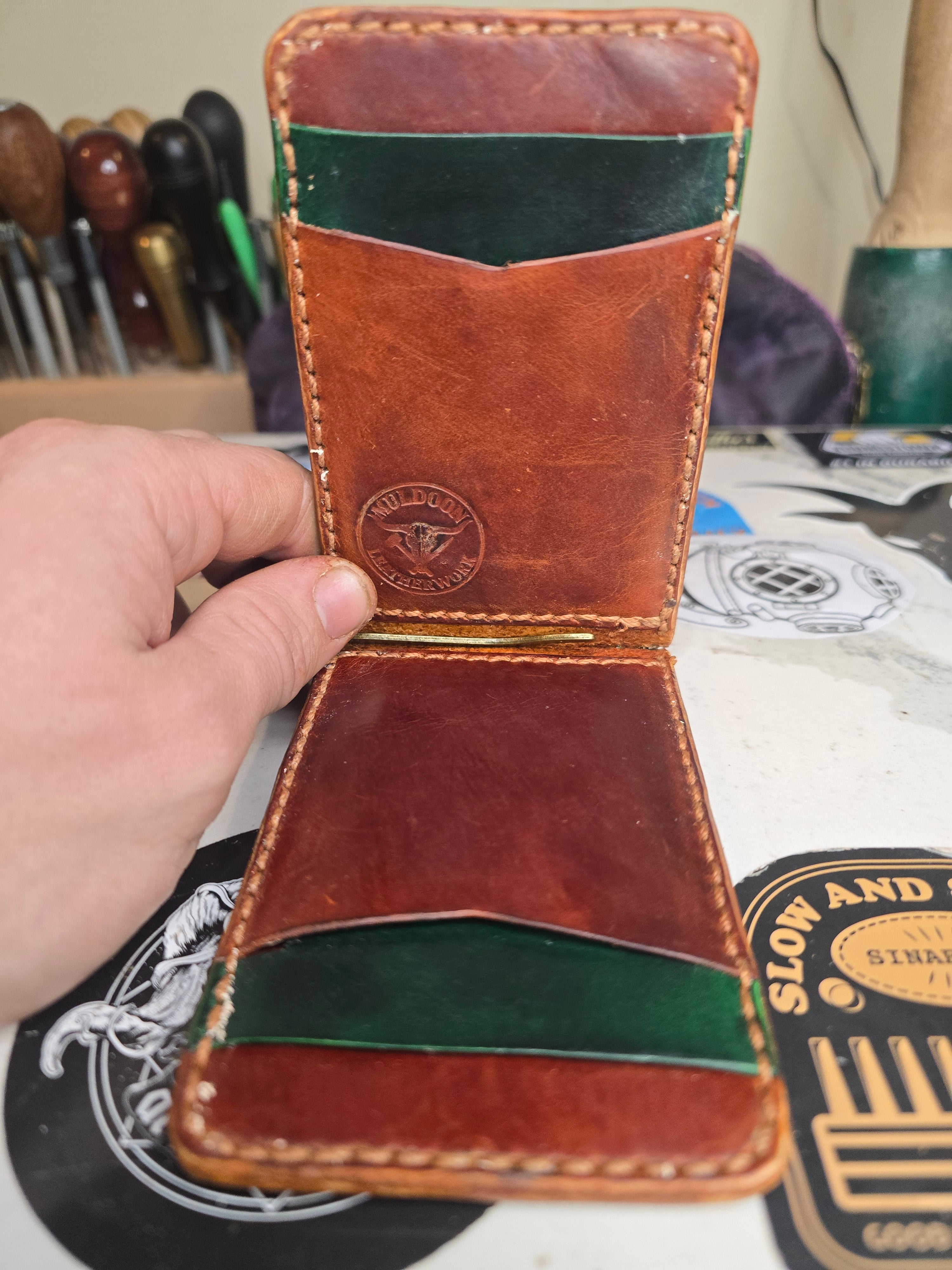 Hand stitched wallet with money clip